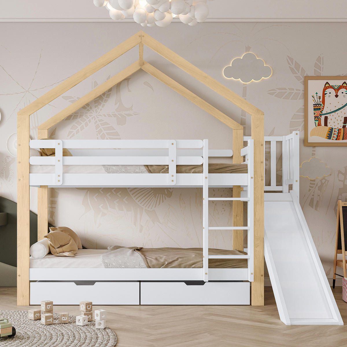 HAUS-ETAGENBETT 90x200 cm in Weiß/Natur mit Rutsche, Schubladen und Absturzsicherung - Weiß, Holzwerkstoff (90/200cm) - IVMEU
