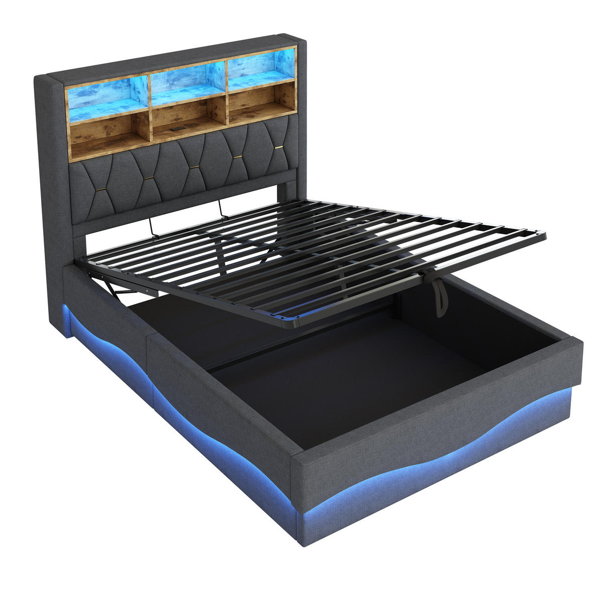 POLSTERBETT 140/200 cm Grau mit hydraulischem Stauraum und LED-Beleuchtung - Grau, Metall (140/200cm) - OKWISH