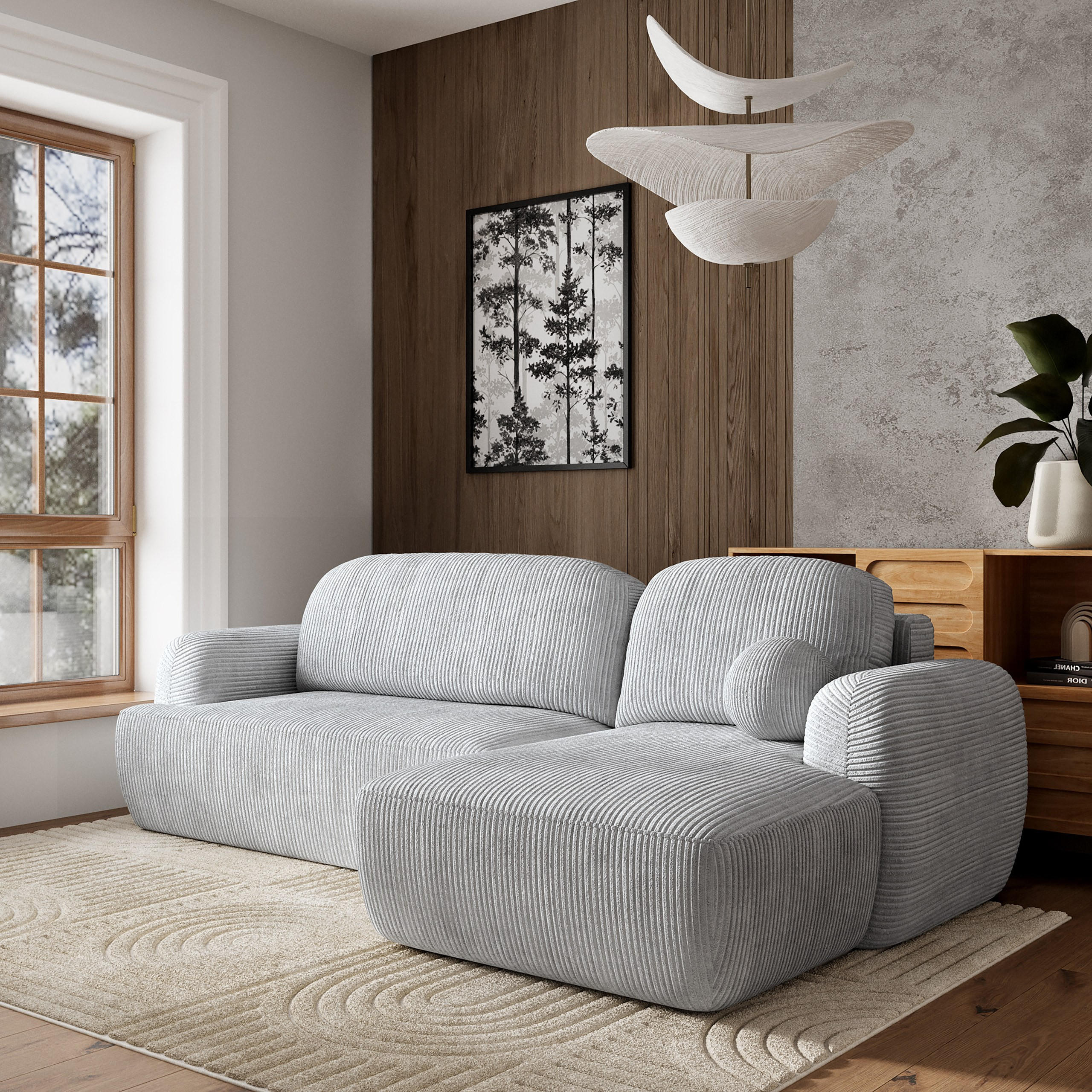 ECKSOFA MODENZA P R-S Hellgrau Kordstoff mit Schlaffunktion - Hellgrau, Holz (266/148cm) - MASSENO