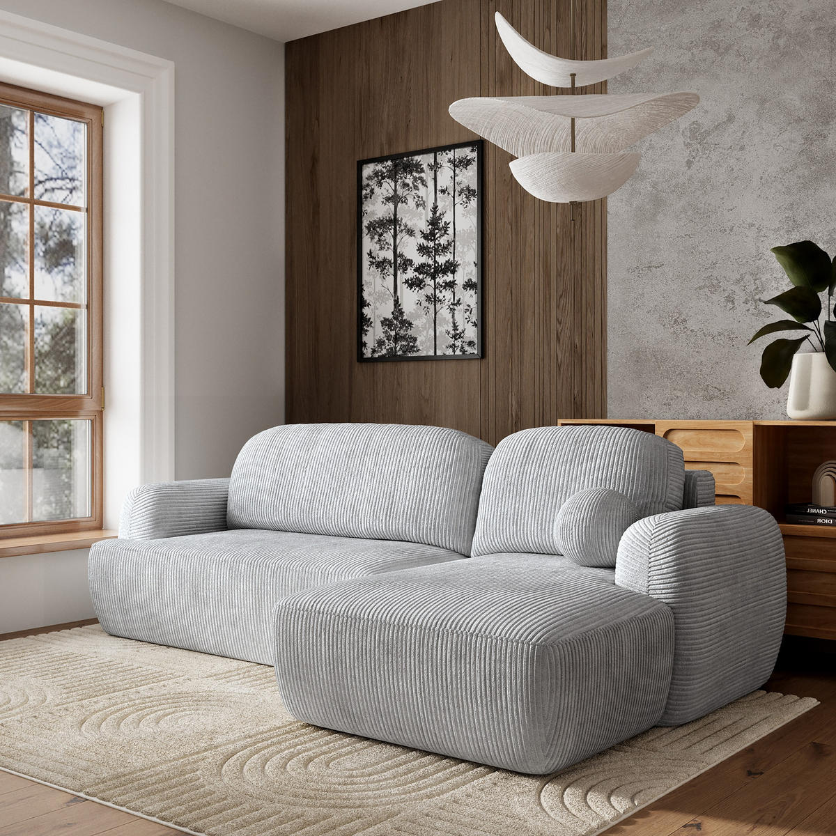 ECKSOFA MODENZA P R-S Hellgrau Kordstoff mit Schlaffunktion - Hellgrau, Holz (266/148cm) - MASSENO