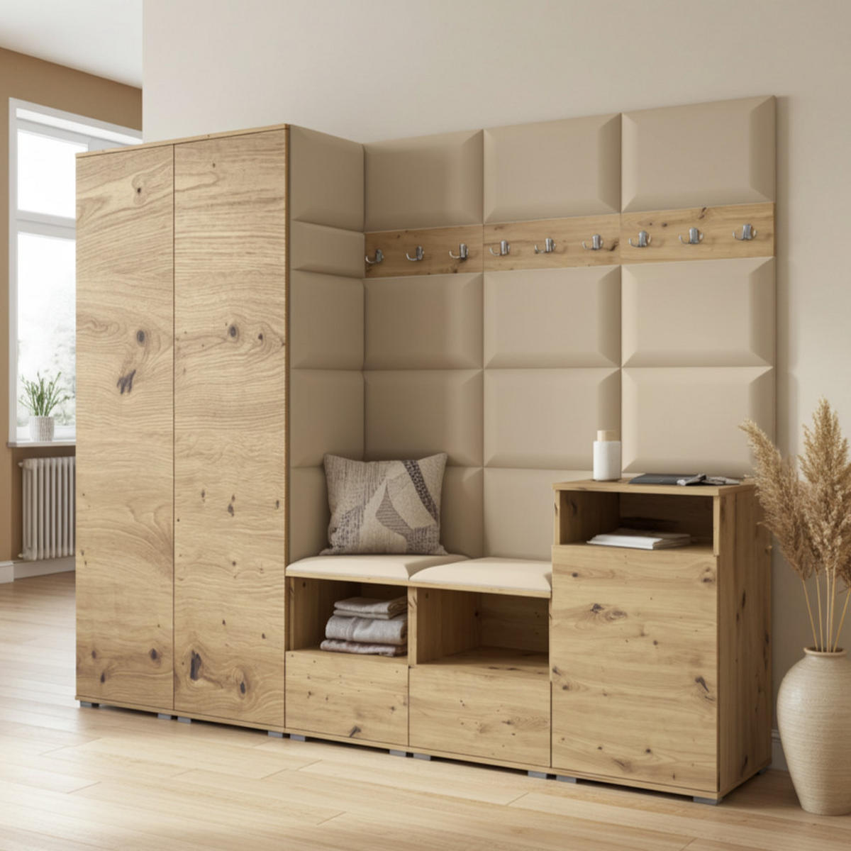 GARDEROBE NELA VIII 250 cm (Modulare Flurmöbel Artisan Eiche mit Sitzpolster Beige 04 2 Schränke + Sideboard) - Beige/Silberfarben, Holz/Holzwerkstoff (250/187/40cm) - Ravio