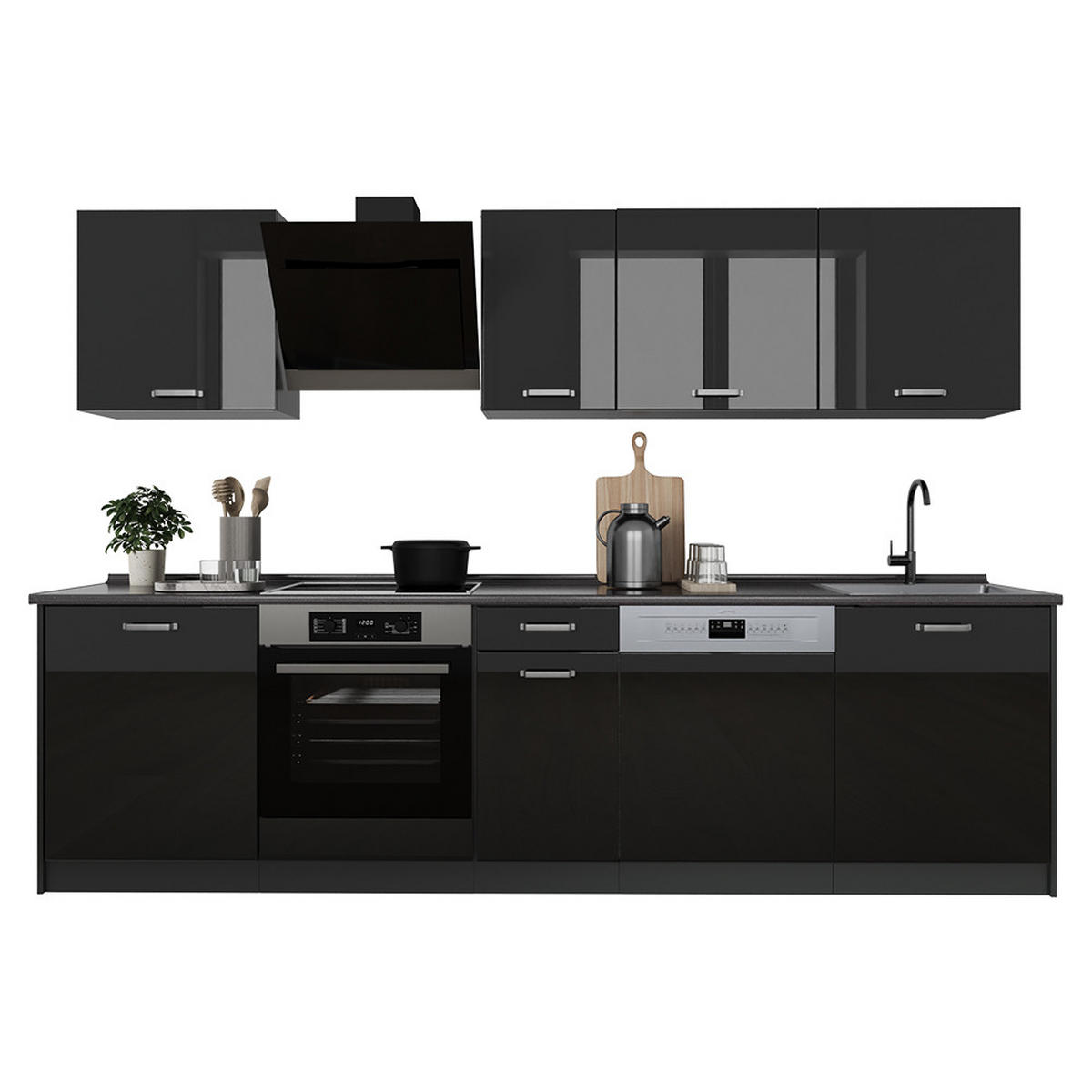 KÜCHENZEILE R-Line, Schwarz Hochglanz/Weiß, 280 cm Arbeitsplatte Goldkraft Eiche - Schwarz Hochglanz/Weiß, Holzwerkstoff (280/206.8/60cm) - Vicco