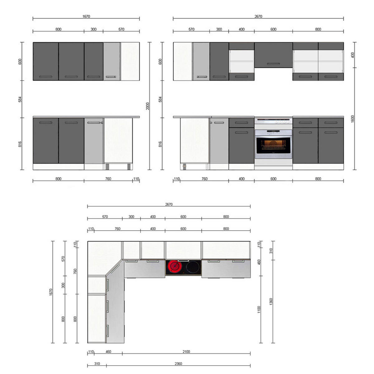 ECKKÜCHE Rick Weiß/Anthrazit Hochglanz 267 x 167 cm , AP Marmor - Anthrazit/Weiß, Holzwerkstoff (270/81.6/60cm) - Vicco