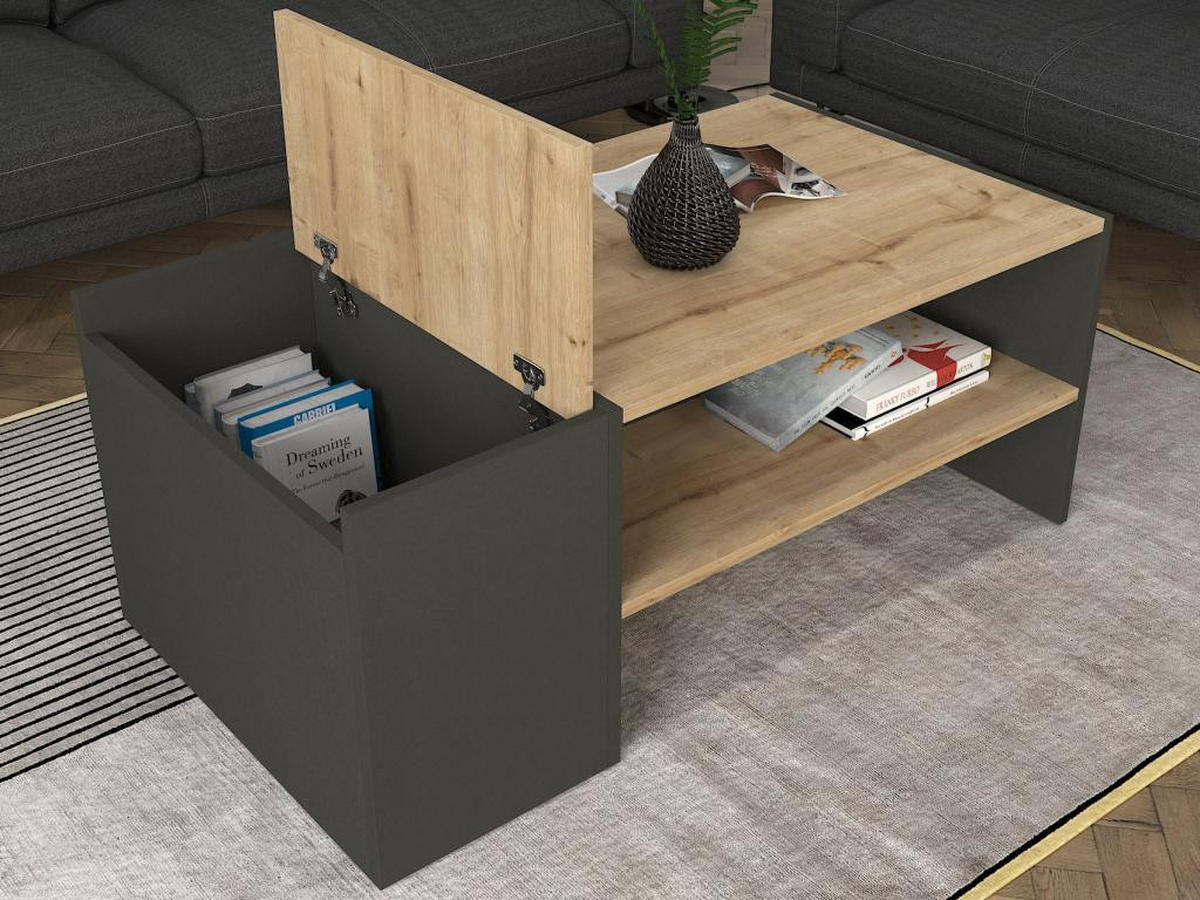 COUCHTISCH mit Stauraum - Anthrazit & Holzfarben - VELKAN - Anthrazit, Holz (110/60/45cm) - Vente-Unique