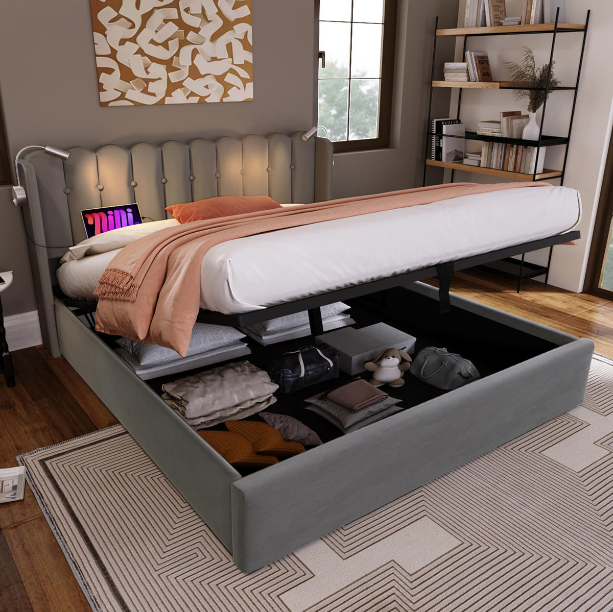 BETT mit Stauraum 140x200 cm Samt Grau mit USB und Leselicht - Grau, Metall (140/200cm) - Meubliv
