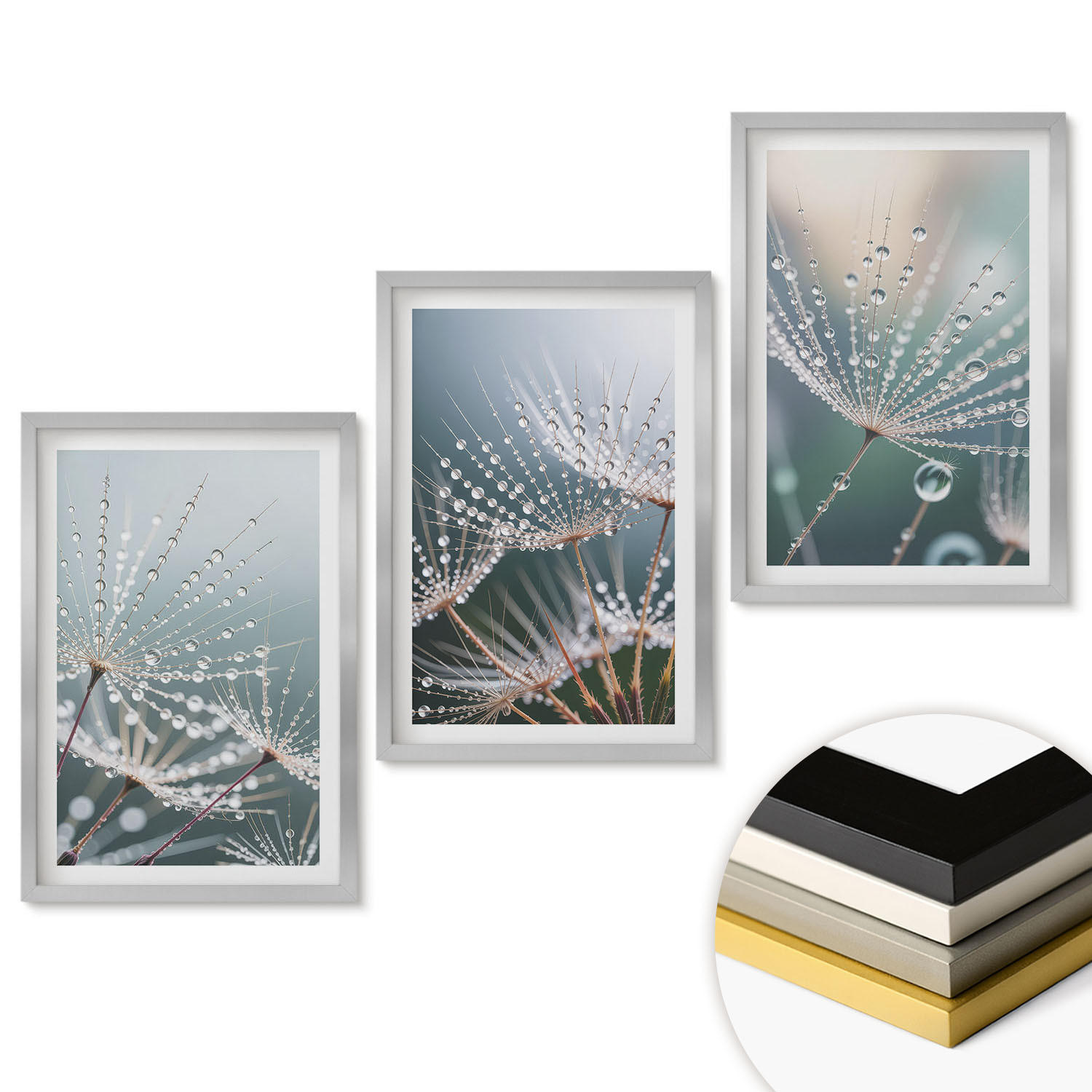 WANDBILDER 3er Set - 40x60 cm Silberner Rahmen - Wassertropfen auf Löwenzahnsprossen - Silberfarben, Kunststoff (40/60cm) - ArtPrintCave