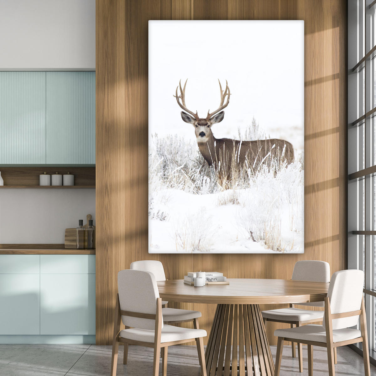 LEINWANDBILD Hirsche - Winter - Schnee - Tiere - Jahreszeiten - Weiß 90x140 cm - Hellbraun, Textil (90/140cm) - MuchoWow