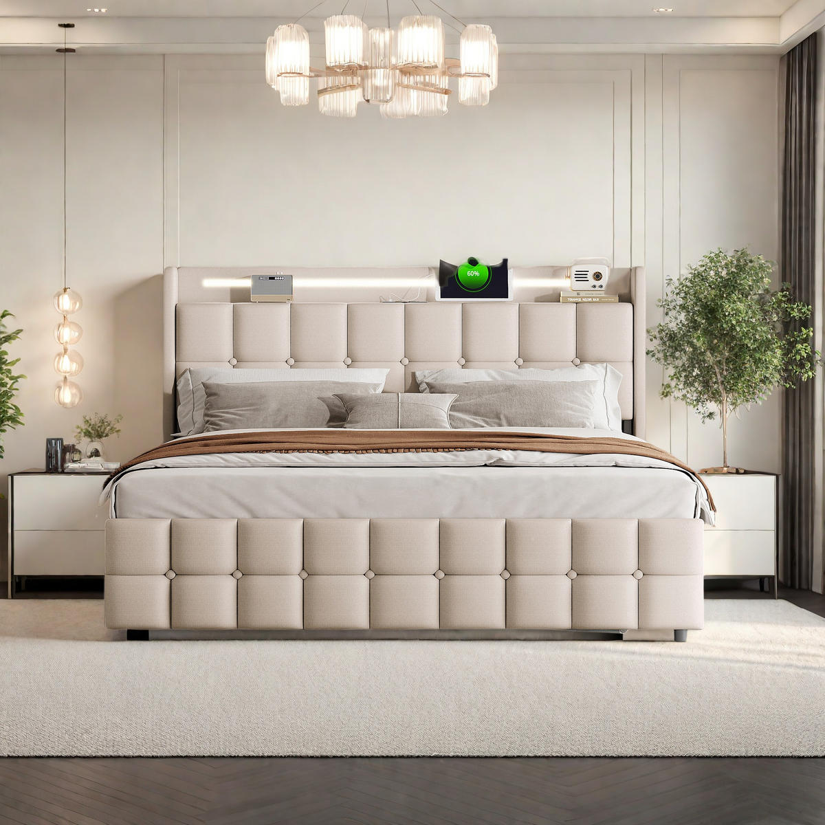 DOPPELBETT 180x200 Beige USB LED 4 Schubladen - Beige, Metall (180/200cm) - SHOPENTRA