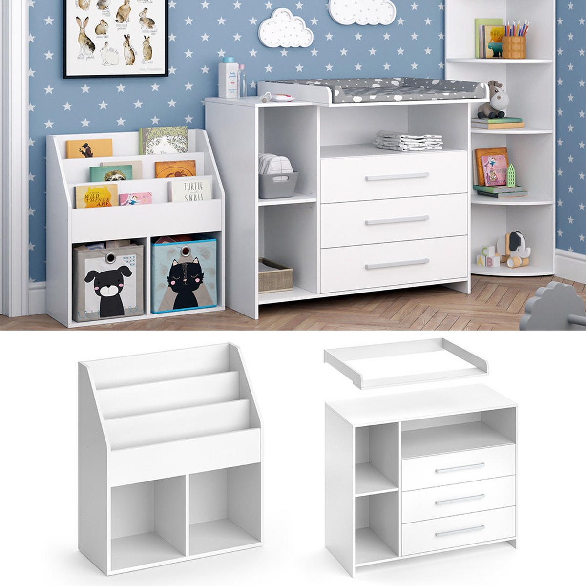 KINDERZIMMER-SET Oskar Weiß 2 Teile, mit Wickelkommode und Bücherregal - Weiß, Holzwerkstoff (113/100/69.9cm) - Vicco
