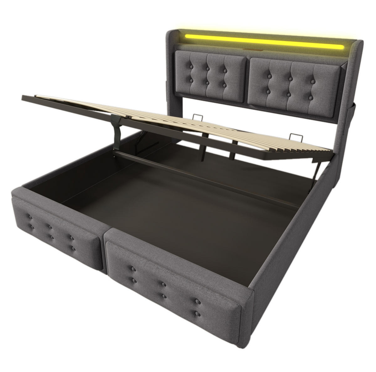 POLSTERBETT mit LED, USB-C und Stauraum 140x200 cm Baumwoll-Leinen Grau - Grau, Metall (140/200cm) - Meubliv