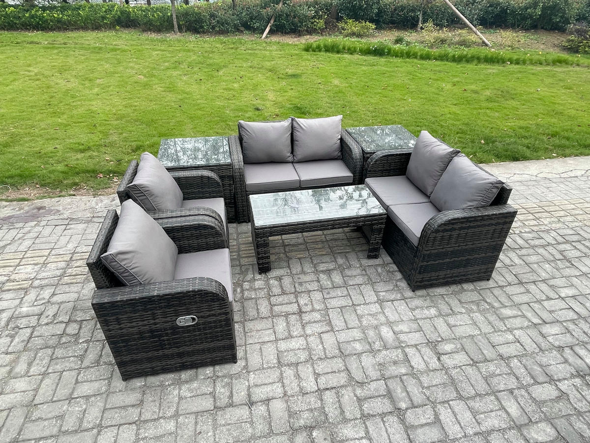 GARTENSOFA SET mit LIEGESTUHL Polyrattan 6-Sitzer Dunkelgrau - Dunkelgrau/Grau, Glas/Kunststoff - Fimous