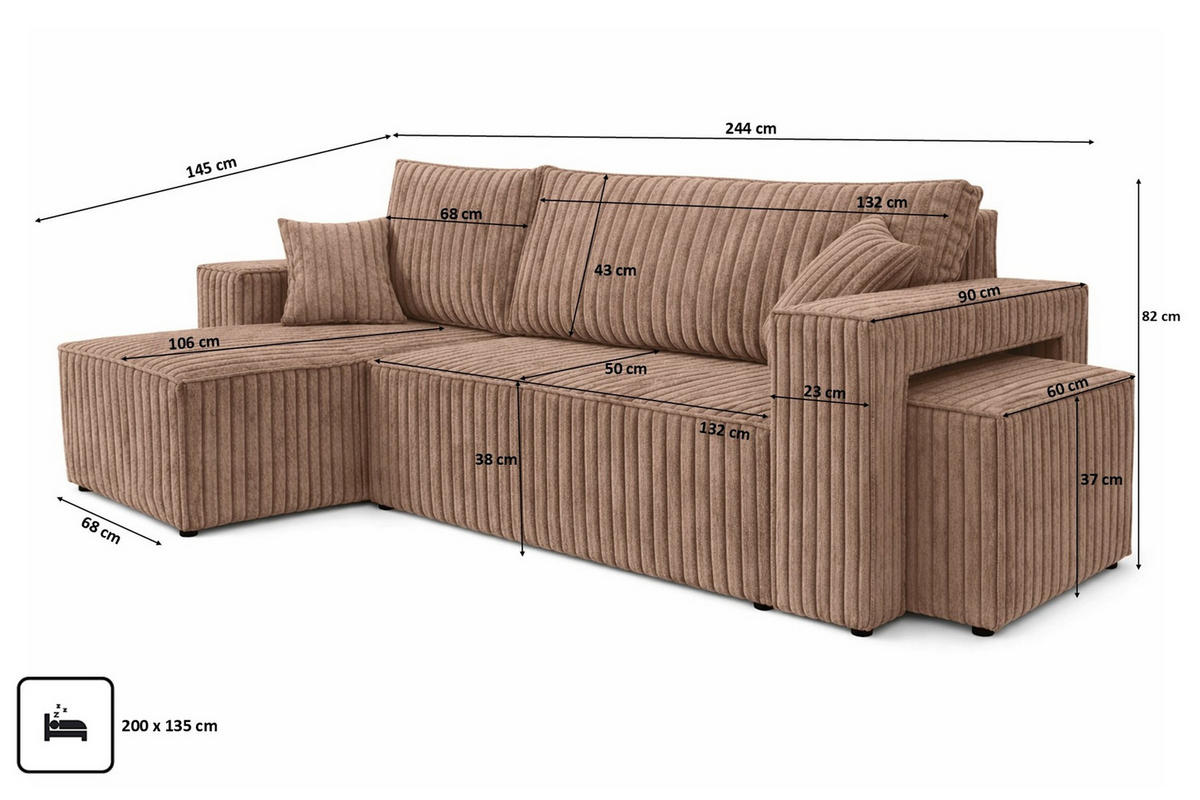 ECKSOFA Mit Schlaffunktion Und Pouf, Cordstoff Tilia, Braun, Links, Best L Mit Pouf - Braun, Holz (244/145cm) - Kaiser Möbel