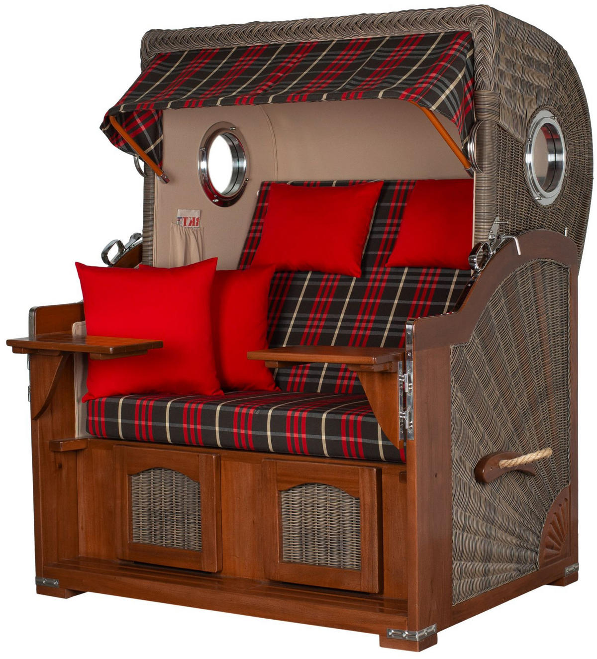 STRANDKORB Komplettset: Ammersee Mahagoni Bullauge - PE grau - Modell 529 - Beige/Rot, Holz/Kunststoff (125/165/80cm) - bene living