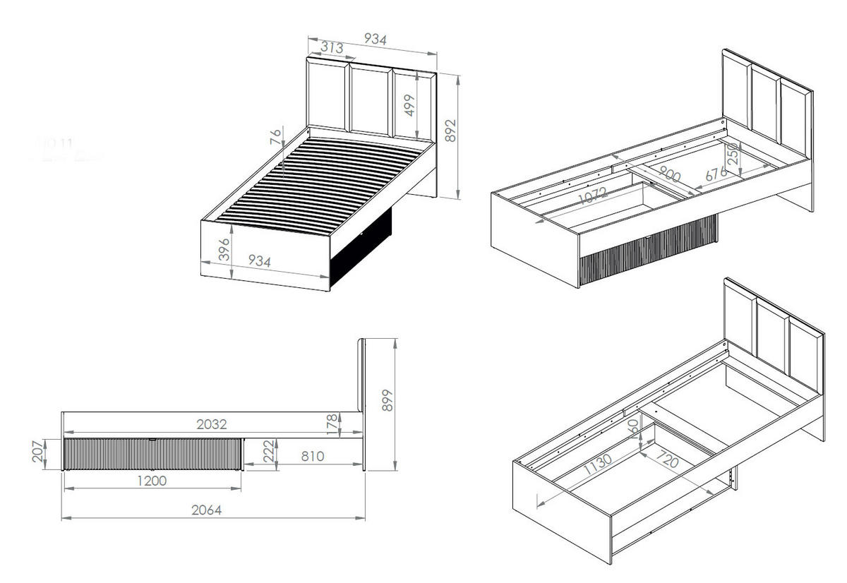 BETT Torino Weiß / Eiche Castello / Graphit 94 / 207 / 90cm - Weiß, Holz/Holzwerkstoff (90/200cm) - Feldmann-Wohnen