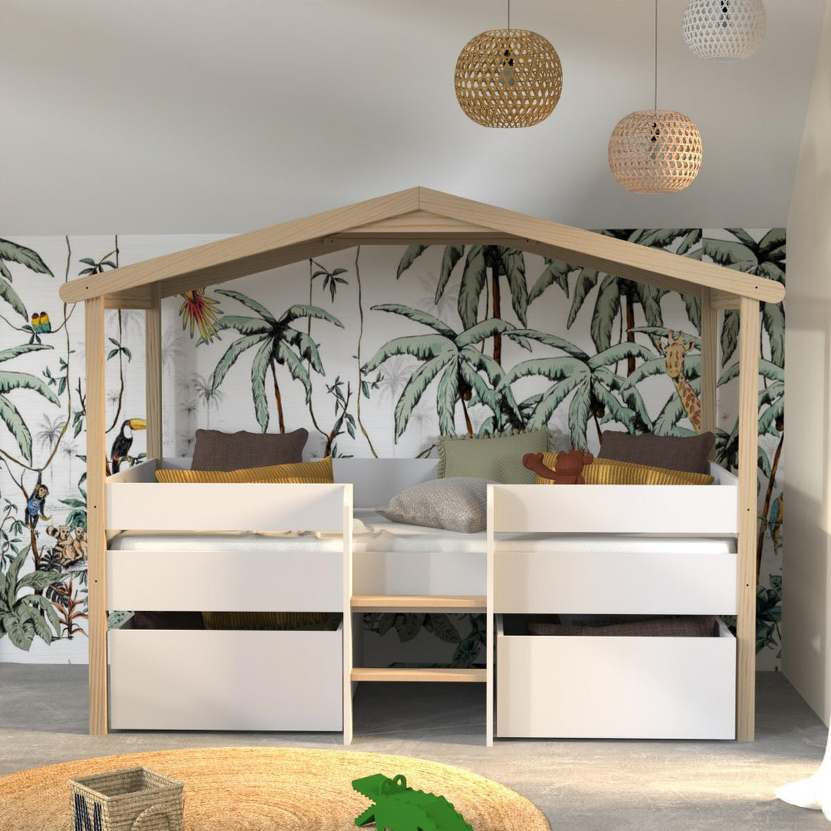 HAUSBETT PILOTI / SPIELBETT 90x190 +2 SCHUBLADEN - Weiß und naturholz - Multicolor, Holz (90/190cm) - Weber Industries