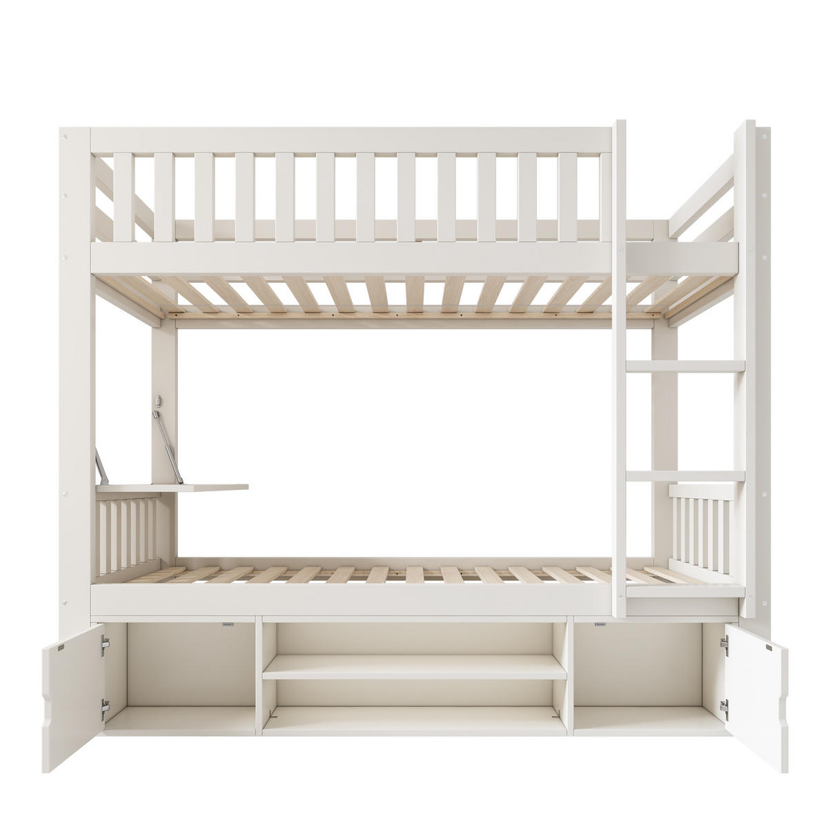 ETAGENBETT 90/200 cm mit klappbarem Tisch, Schuhregal und Stauraum, Weiß - Weiß, Holzwerkstoff (90/200cm) - Redom