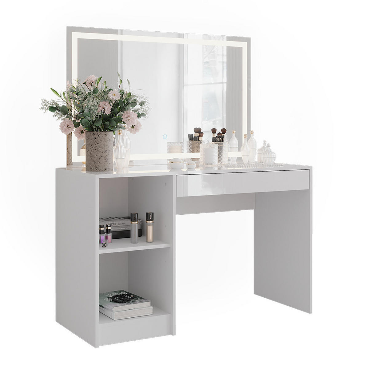 SCHMINKTISCH Sherry Weiß/Weiß Hochglanz 119.8 cm mit LED-Spiegel - Weiß Hochglanz, Holzwerkstoff (119.8/76/50.1cm) - Vicco