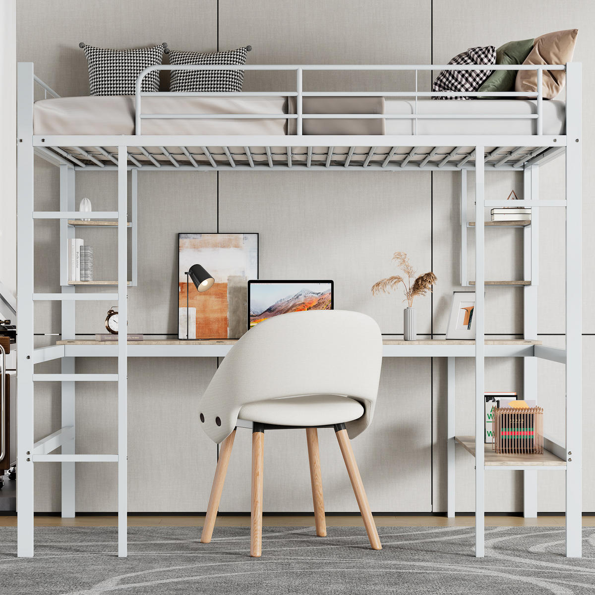 VISOKA postelja 90/200 cm bela s pisalno mizo in policami iz kovine in MDF - bela, kovina (90/200cm) - OKWISH
