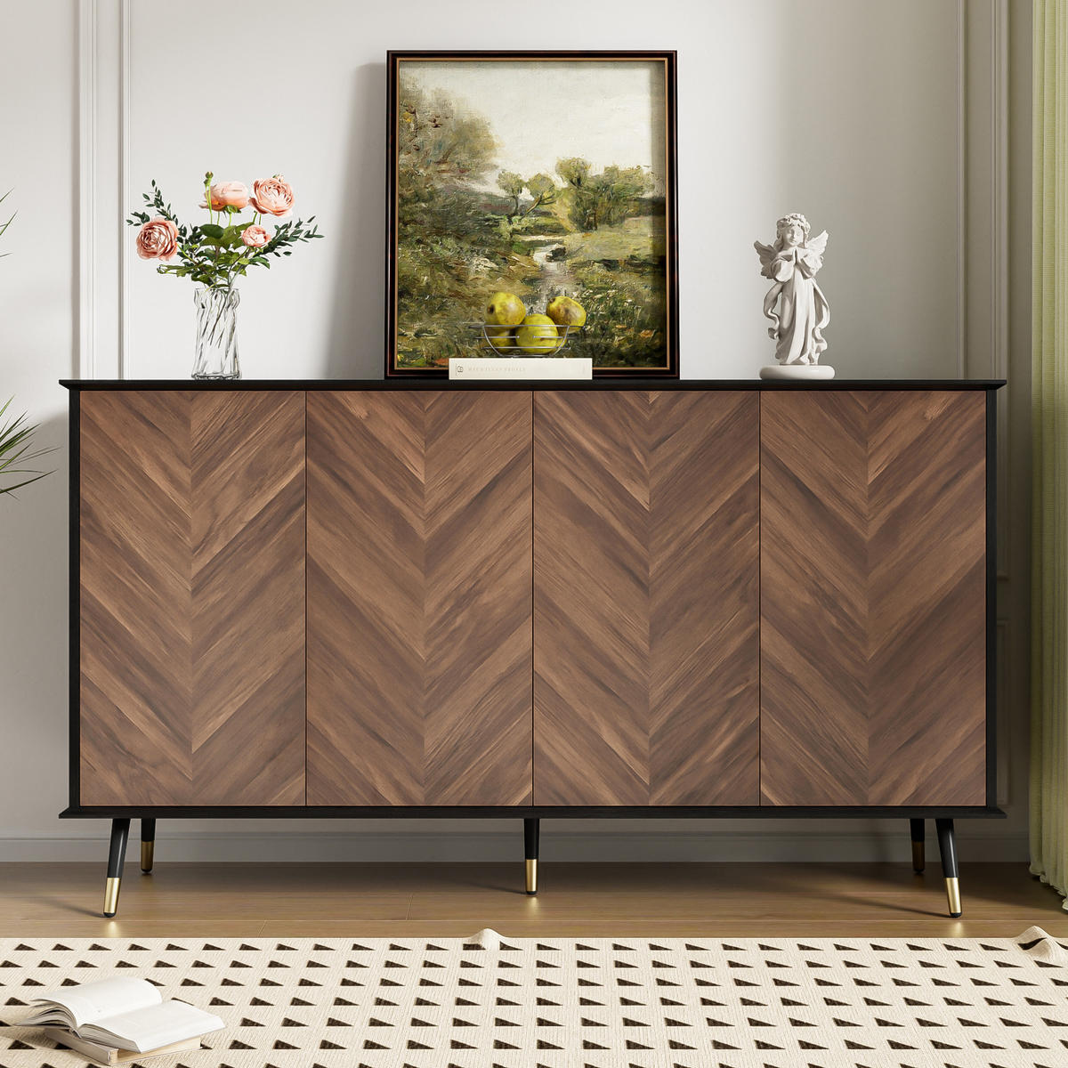 SIDEBOARD 140/40/80 cm in Schwarz/Braun mit 4 Türen und verstellbaren Regalen - Schwarz, Holzwerkstoff (140/80/40cm) - Flora Grace