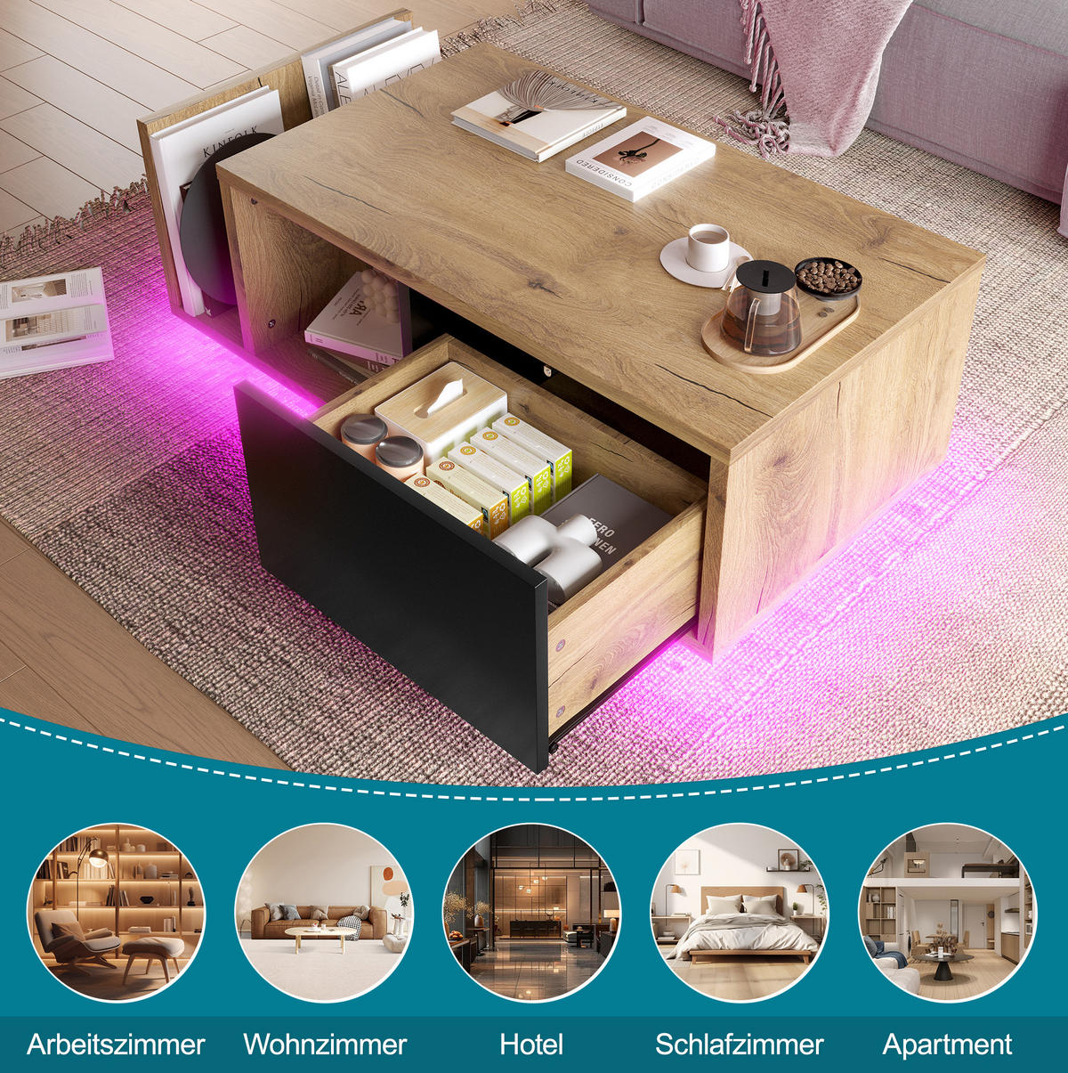 COUCHTISCH aus Holzwerkstoff 99,5x53x38 cm Natur mit LED-Beleuchtung, Schublade und offenem Fach - Naturfarben, Holzwerkstoff (99.5/53/38cm) - IVMEU