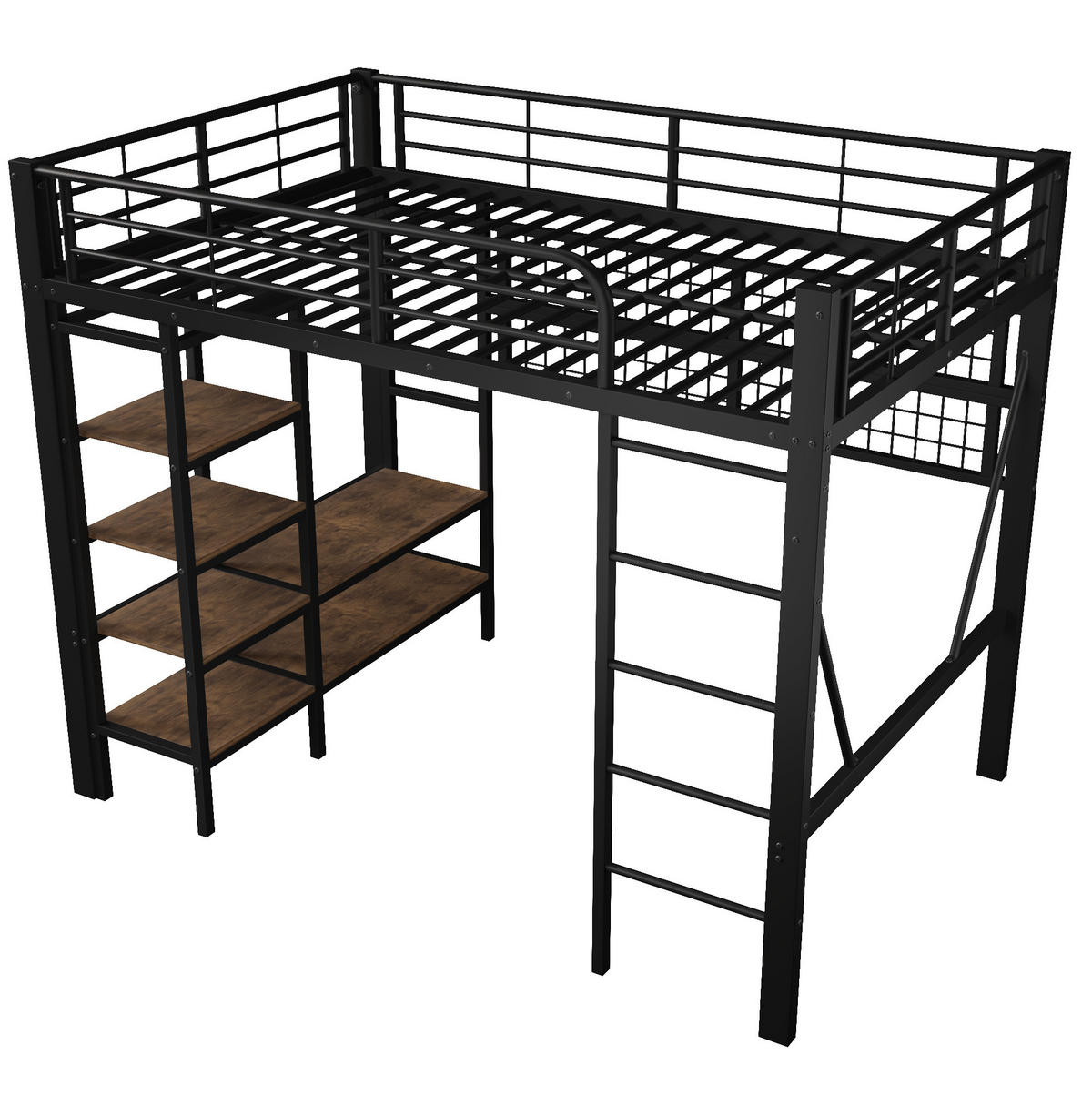 HOCHBETT 140/200 cm mit LED-Lichtleiste, Ablagefach, Hängenetz und Kleiderstange, Metall und MDF, Schwarz - Schwarz, Metall (140/200cm) - Redom