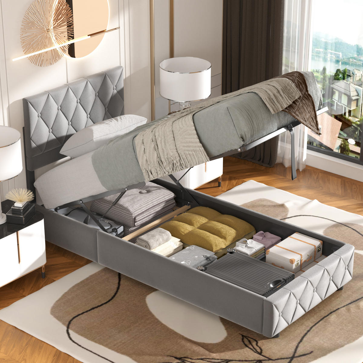 POLSTERBETT aus Samt 90x190 cm Grau mit hydraulischem Stauraum - Grau, Textil (90/190cm) - Modfu