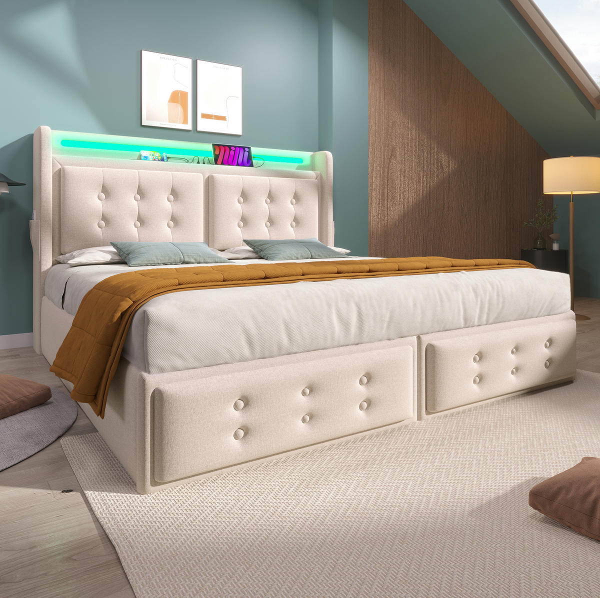 POLSTERBETT 180/200 cm mit Bettkasten, LED & USB/Typ-C, gepolstertes Kopfteil, Beige - Beige, Textil (180/200cm) - Redom