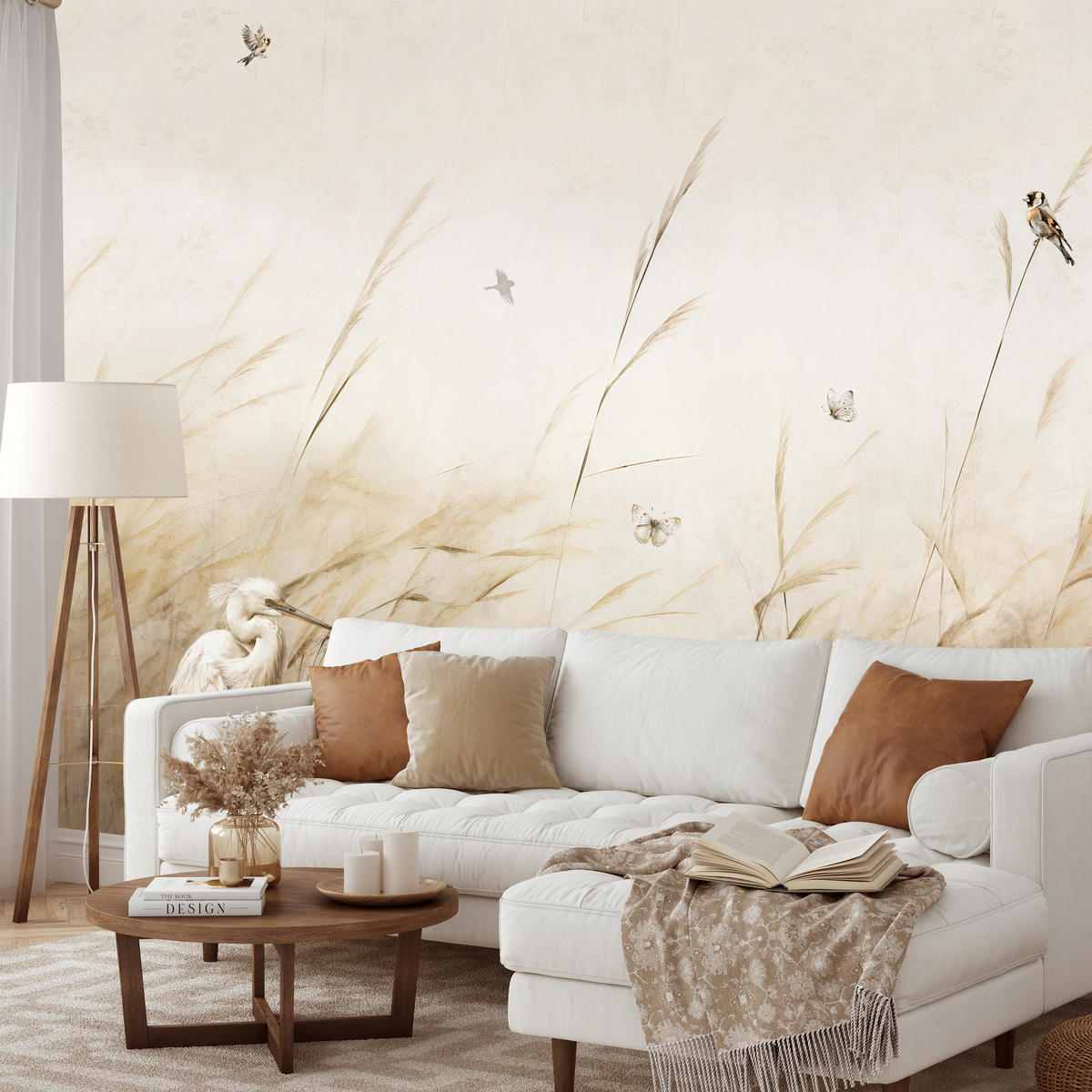 FOTOTAPETE für Schlafzimmer Vögel Storch Hohe Gräser Aquarell 150x105 - Beige/Gelb, Papier (150/105cm) - Muralo