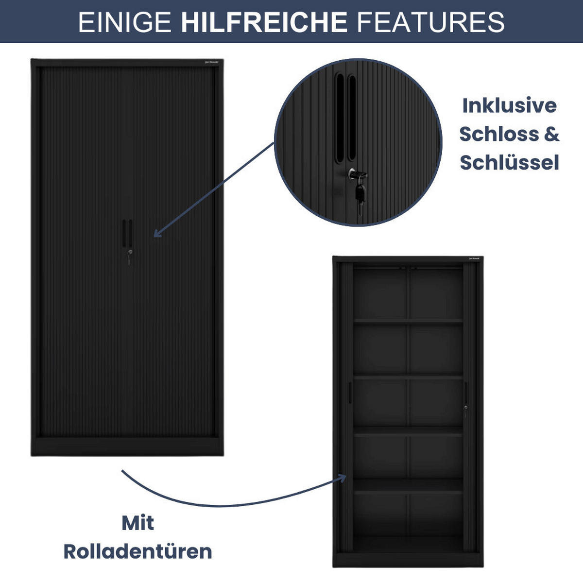 AKTENSCHRANK abschließbar DAMIAN mit Rolladentüren 185x90x45cm Schwarz - Schwarz, Metall (90/185/45cm) - Jan Nowak