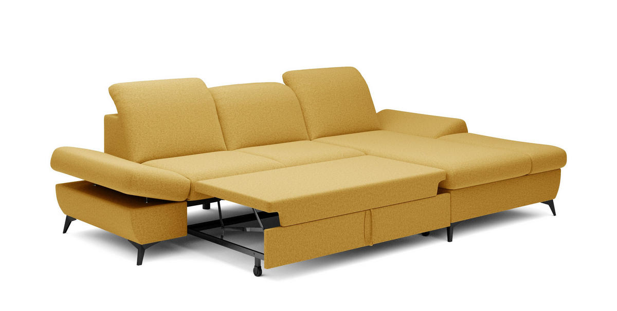 ECKSOFA FELICE R-S Gelb Geflochtener Stoff mit Schlaffunktion - Gelb, Holz (284/166cm) - MASSENO