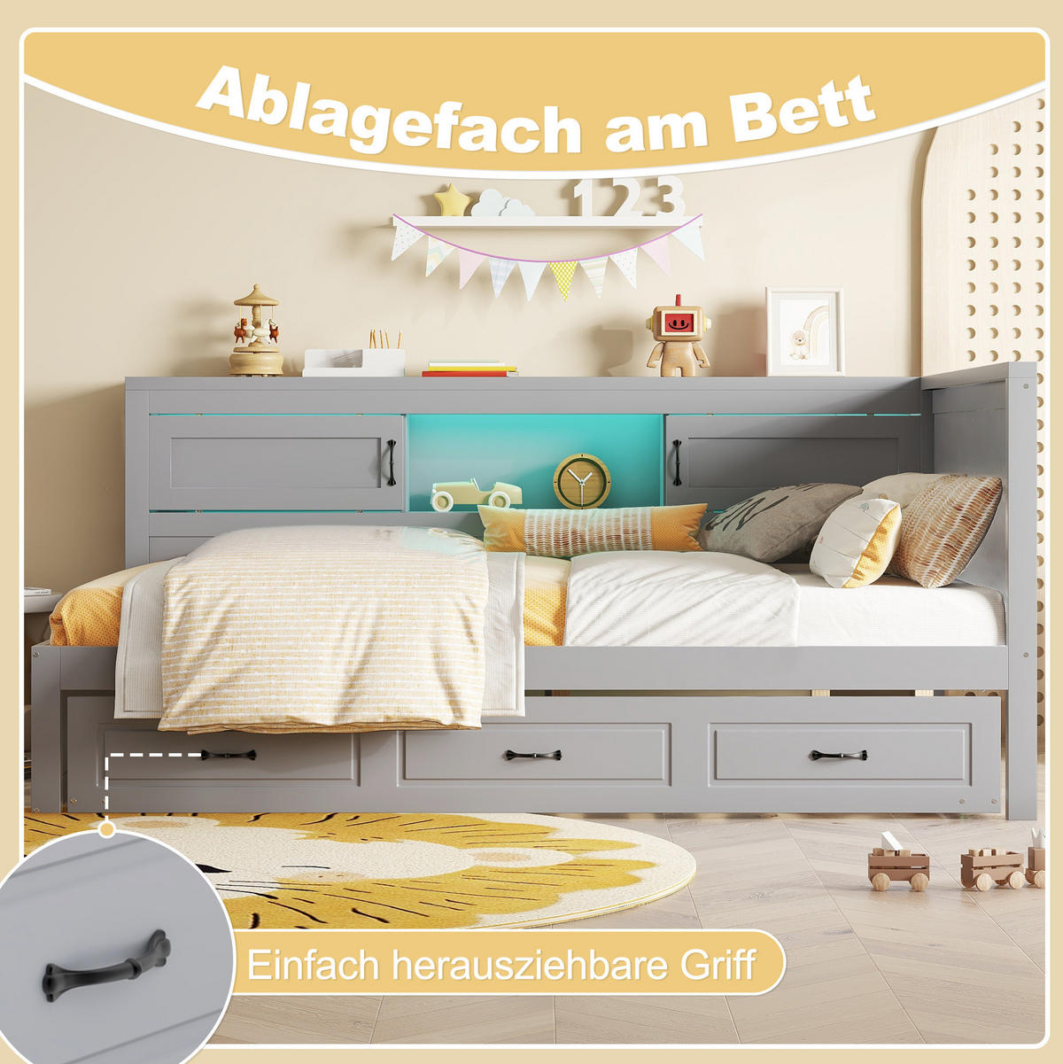 TAGESBETT 90/200 cm mit LED-Beleuchtung, Ausziehbett, USB und Stauraum aus Spanplatte und MDF, Grau - Grau, Holzwerkstoff (90/200cm) - Redom