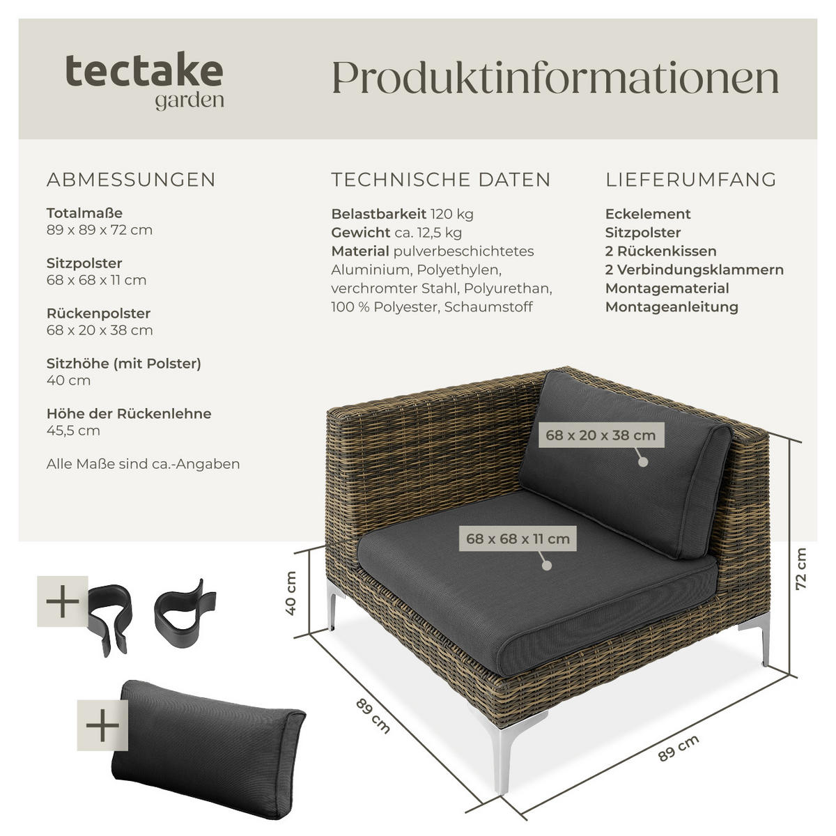 GARTEN-LOUNGE-SET Villanova,89 x 89 x 72 cm,anthrazit-meliert - Anthrazit, Kunststoff - tectake