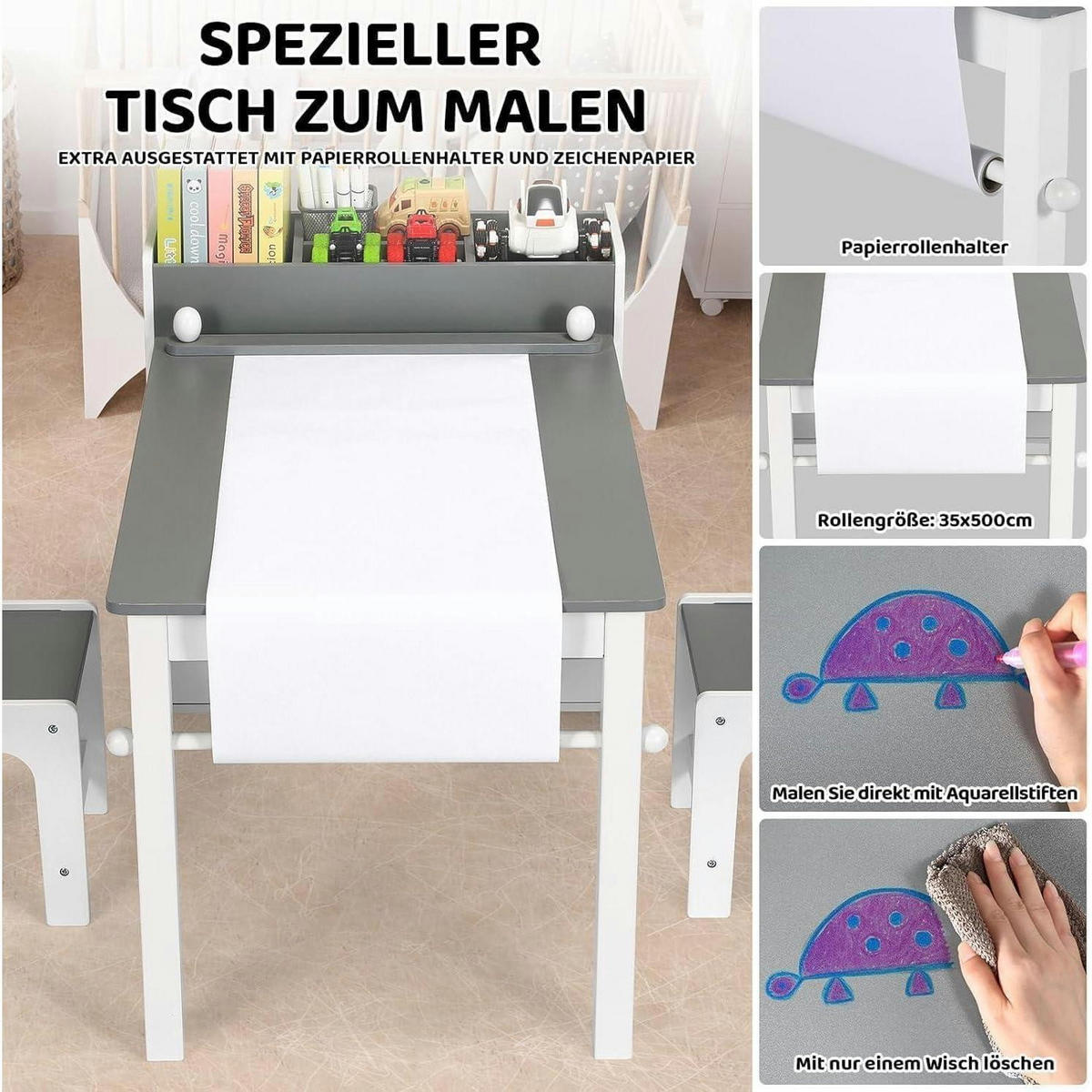 KINDERTISCH mit 2 Stühlen Set Grau Weiß - Weiß, Holzwerkstoff (53/64/102cm)