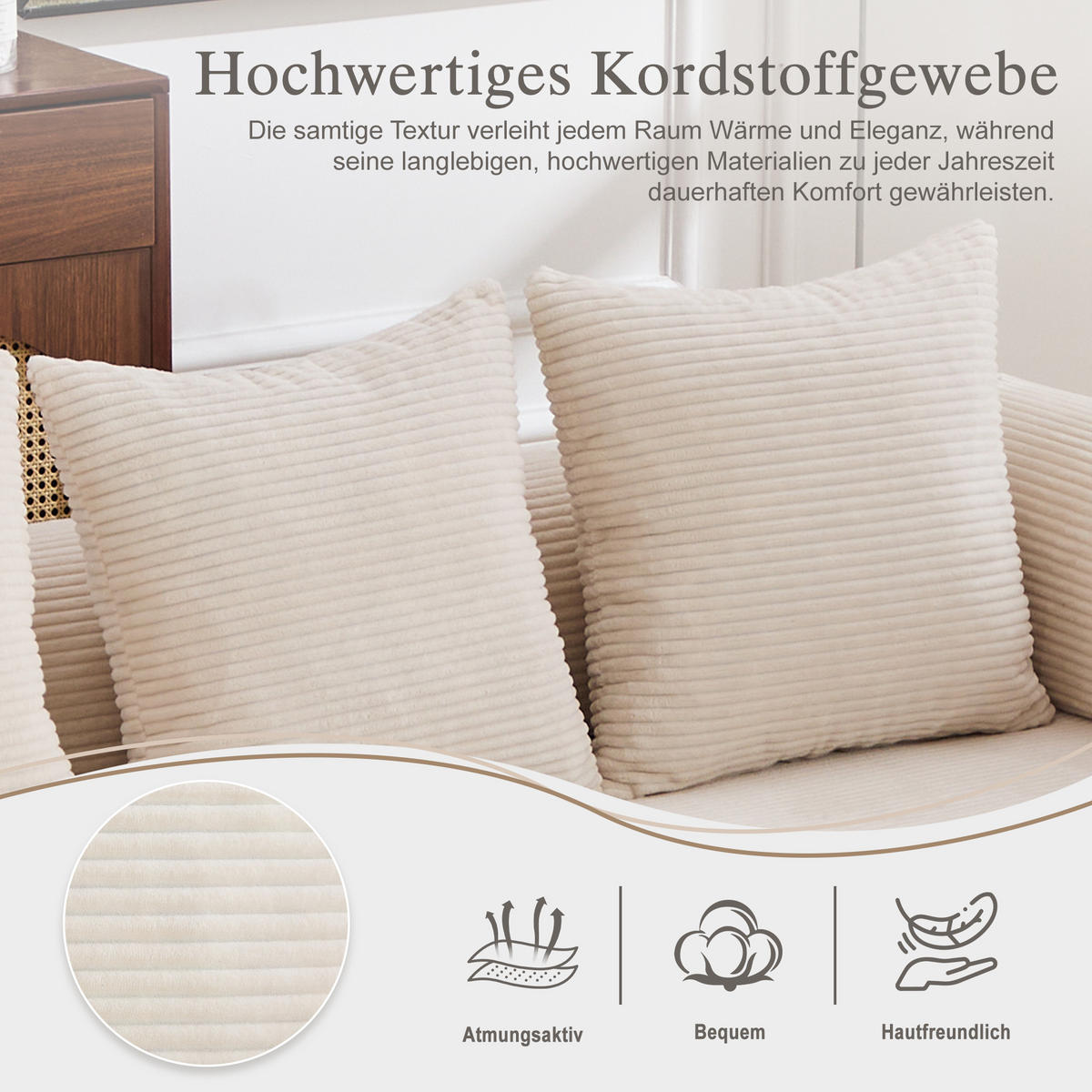 ECKSOFA Cord Beige mit Hocker und Kissen - Beige, Textil/Metall (218/285cm) - WISHDOR