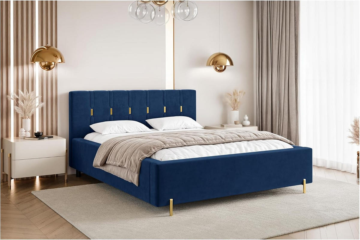 BETT FABIO - Goldfarben/Dunkelblau, Holzwerkstoff (180/200cm) - Meblini