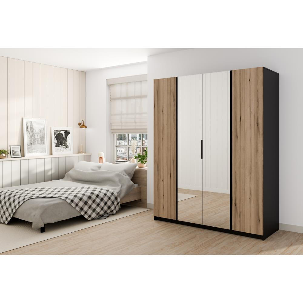 DREHTÜRENSCHRANK Kaya 200/62/239 4-Türig mit zwei Spiegel - Eichefarben/Schwarz, Holzwerkstoff (200/239/62cm) - Beautysofa