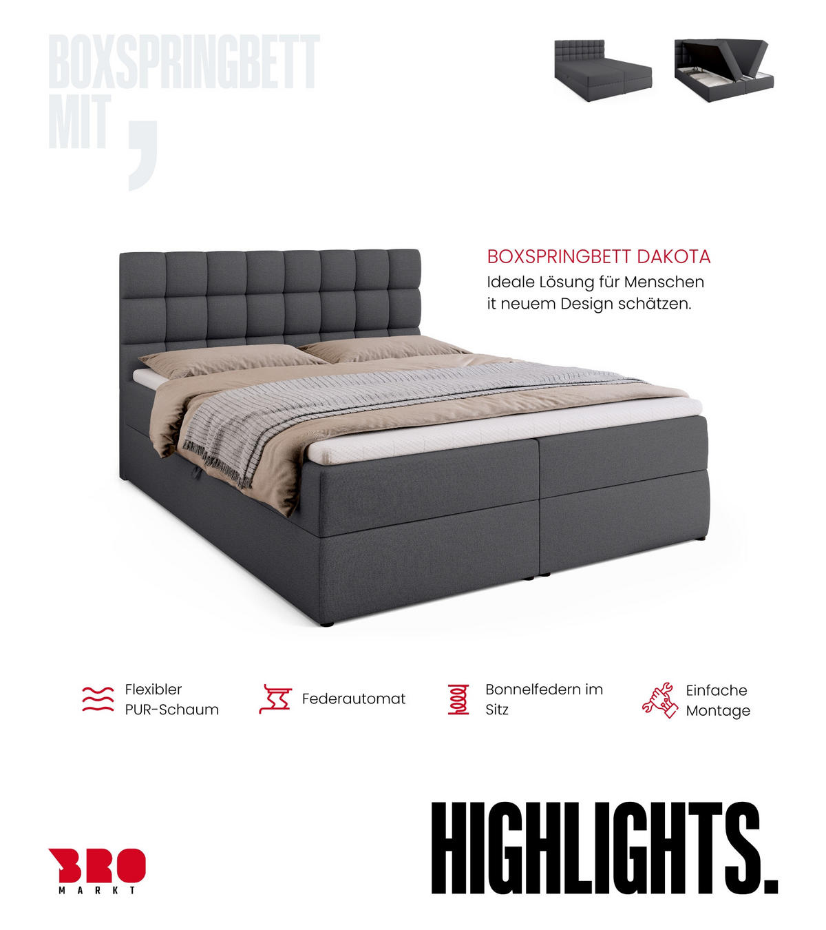 BOXBETT Dakota mit Topper 160/200 Dunkelgrau - Dunkelgrau, Textil (160/200cm) - Bromarkt