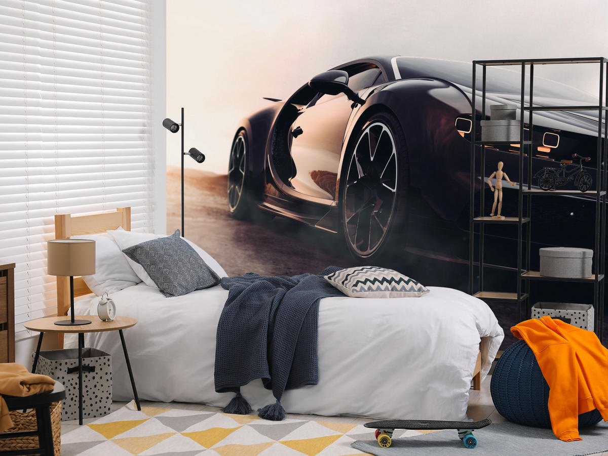 FOTOTAPETE für Jugendzimmer Schwarzer Sportwagen Wüste Luxus Auto Sand 300x210 - Gelb/Weiß, Papier (300/210cm) - Muralo
