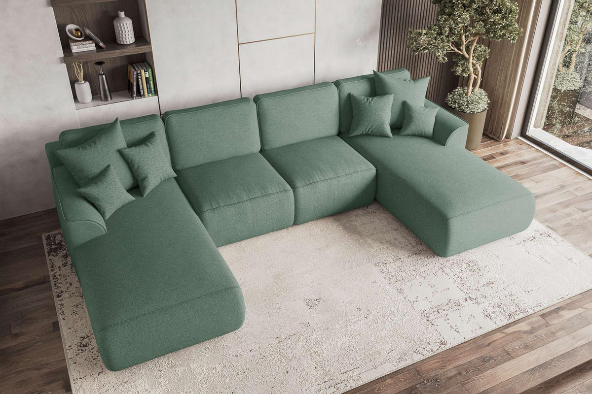 WOHNLANDSCHAFT GUSTO Strukturstoff Salbeigrün inkl. Schlaffunktion - Chromfarben/Salbeigrün, Kunststoff/Textil (306/96/194cm) - 99rooms