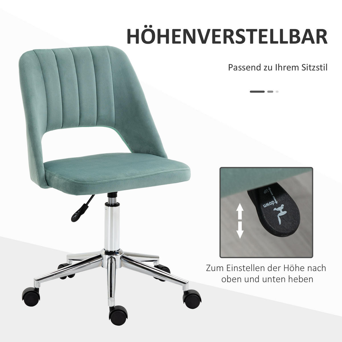 SCHREIBTISCHSTUHL, Höhenverstellbar Homeoffice Stuhl ohne Armlehne, Grün - Chromfarben/Grün, Textil/Metall (60/91/49cm) - Vinsetto