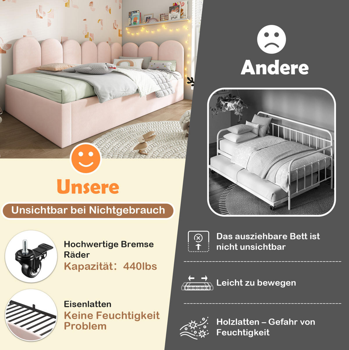 KINDERBETT Polsterbett 90/200 cm aus Samt mit Ausziehbett Rosa - Rosa, Textil (90/200cm) - Modenvie