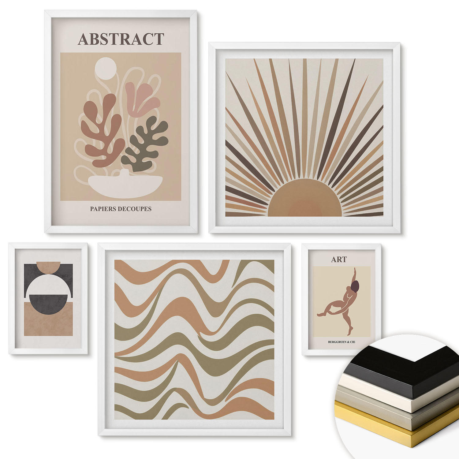 WANDBILDER 5er-Set - 50x50 cm & 20x30 cm & 40x60 cm Weißer Rahmen - Matisse Boho abstrakte Muster - Weiß, Kunststoff (40/60cm) - ArtPrintCave