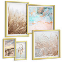 BILDER SET 5er Set - 50x50 cm & 20x30 cm & 40x60 cm Goldrahmen - Strand, Boot, Muscheln, Gras, Boho-Stil - Goldfarben, Kunststoff (40/60cm) - TULUP