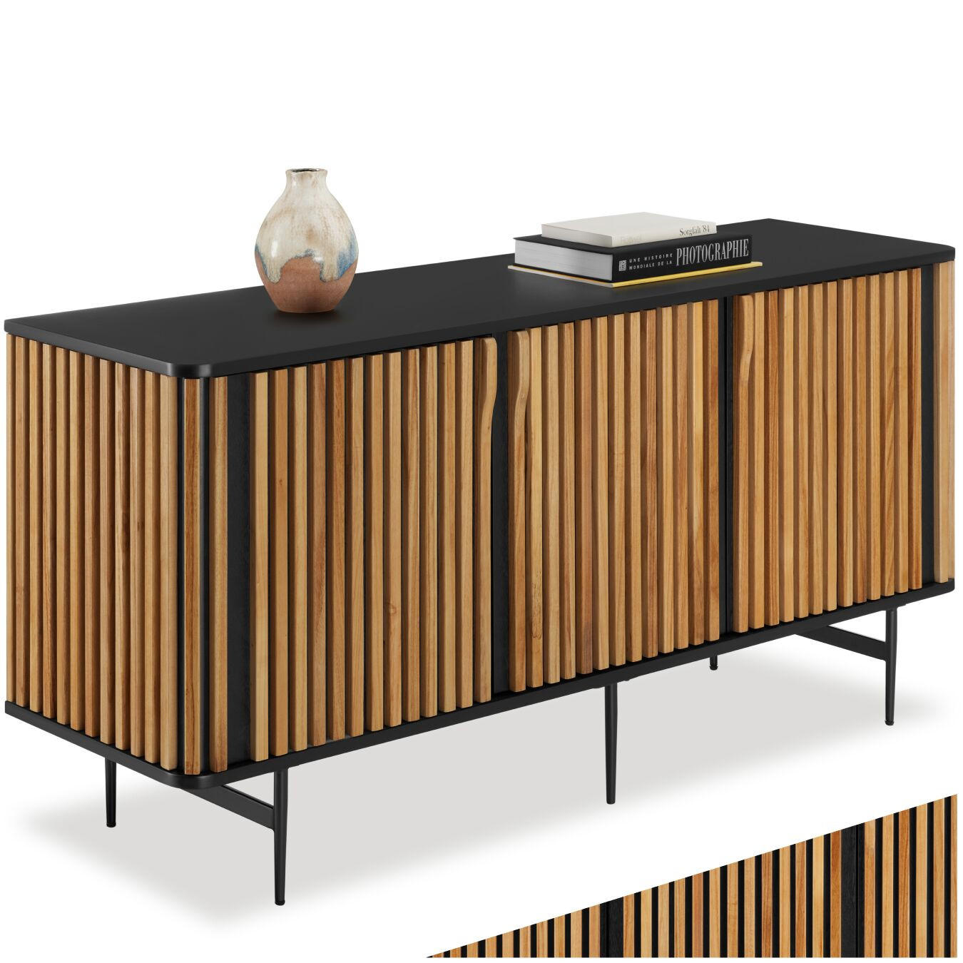 SIDEBOARD Lineo,156 x 45,5 x 74 cm, höhenverstellbare Füße,schwarz/braun - Schwarz/Braun, Holz (156/74/45.5cm) - tectake