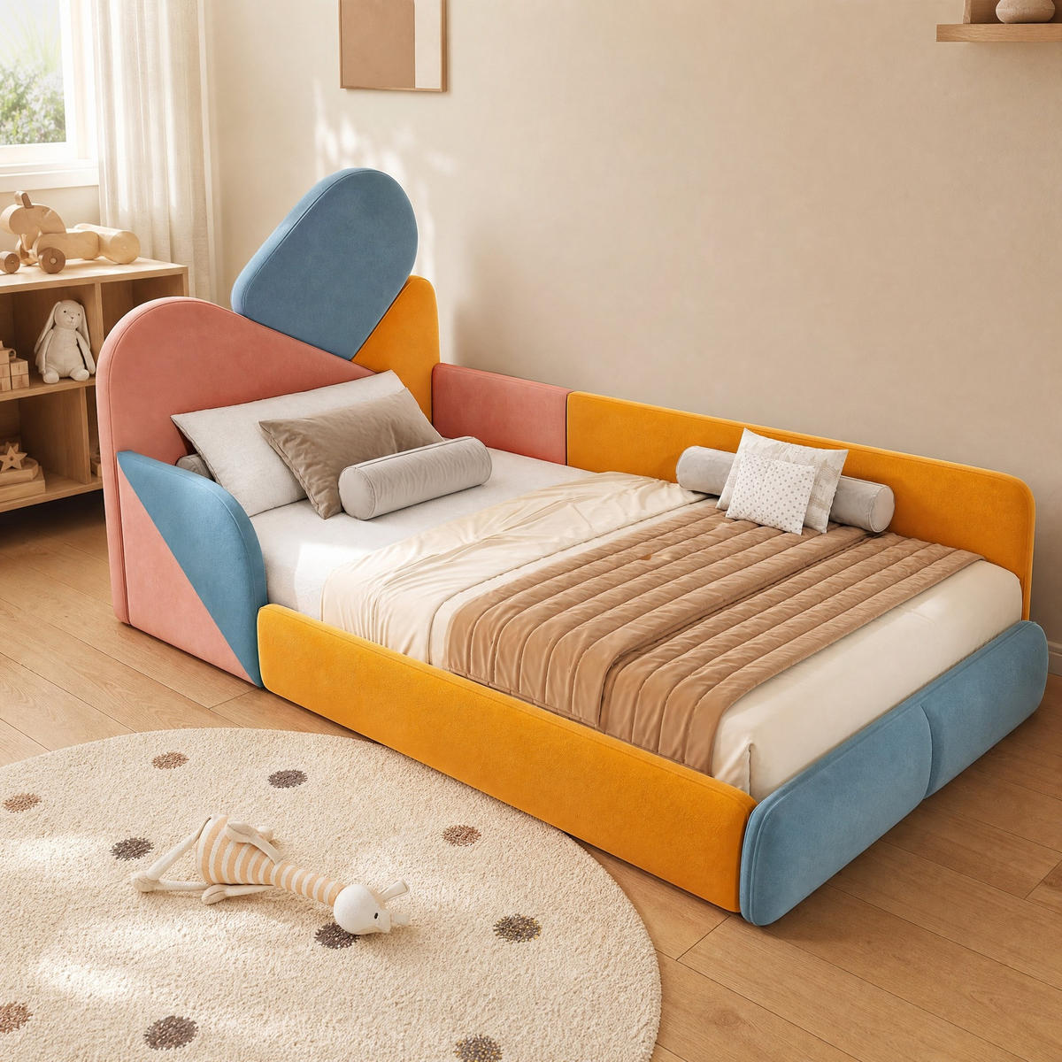KINDER-POLSTERBETT 90x200 cm in Blau, Pink und Orange mit erhöhten Seiten - Blau, Textil (90/200cm) - IVMEU