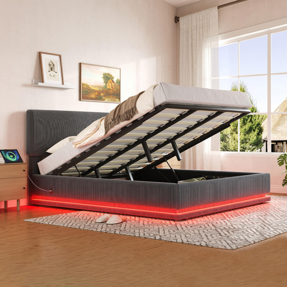 POLSTERBETT 180x200 cm LED USB Stauraum grau - Dunkelgrau, Textil (180/200cm) - LEBENLANG