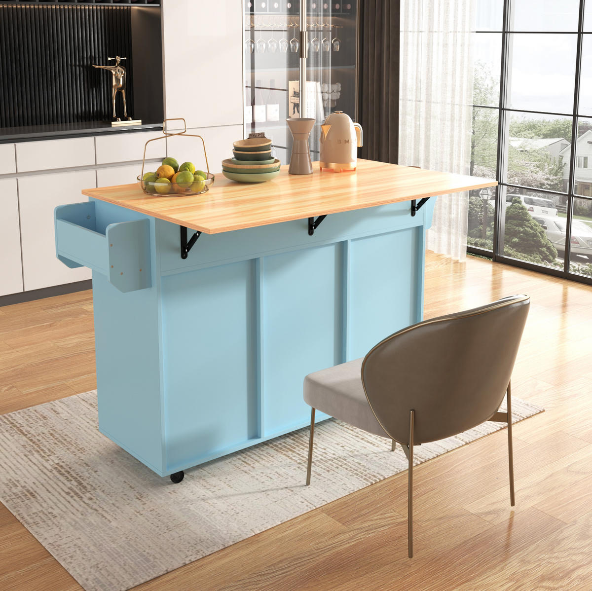 KÜCHENWAGEN mit Klappplatte 139 x 46(71) x 91,5 cm Blau - Blau, Holz (46/91.5/139cm) - Beauniv