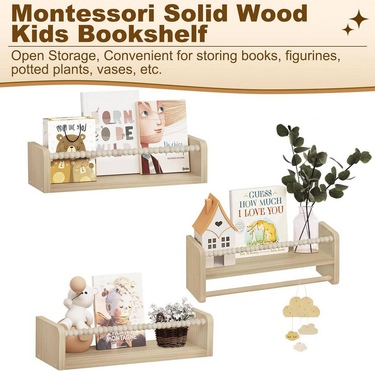 KINDER-WANDREGAL 3er Set, Massivholz, 40 x 15 x 14 cm - Naturfarben, Holz (40/15/14cm) - Woltu