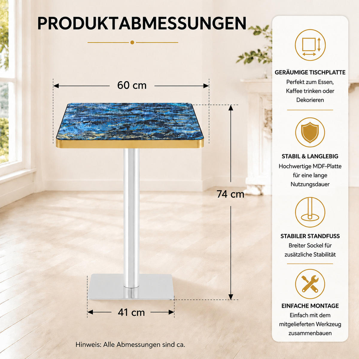 BARTISCH 60/60/74 cm mit Marmor-Optik DE-40028 Blau - Blau, Metall (60/60/74cm) - ComfortXL