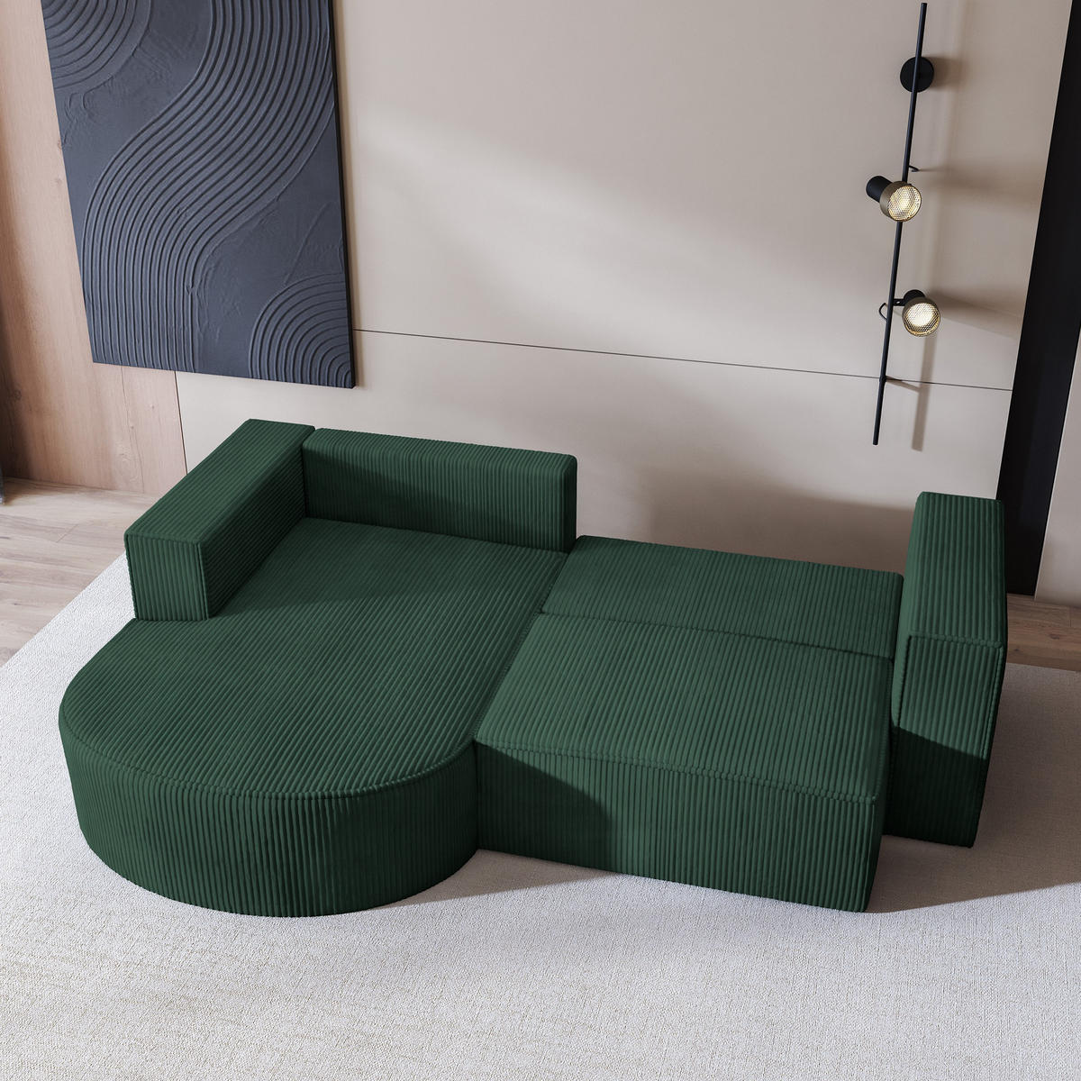 ECKSOFA SORELA P L-S Grün Kordstoff mit Schlaffunktion - Grün, Holz (263/174cm) - MASSENO